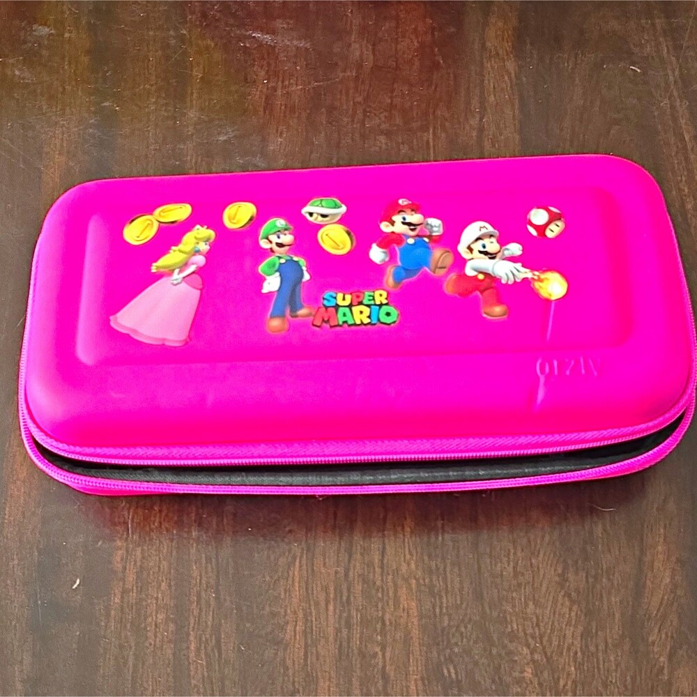 Orzly Pink Hard Shell Padded Zipper Case for Nintendo Switch.  Mario Stickers